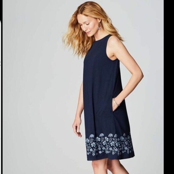 J. Jill blue embroidered knit dress cotton modal blend tank a line sz xs pockets - Picture 11 of 11